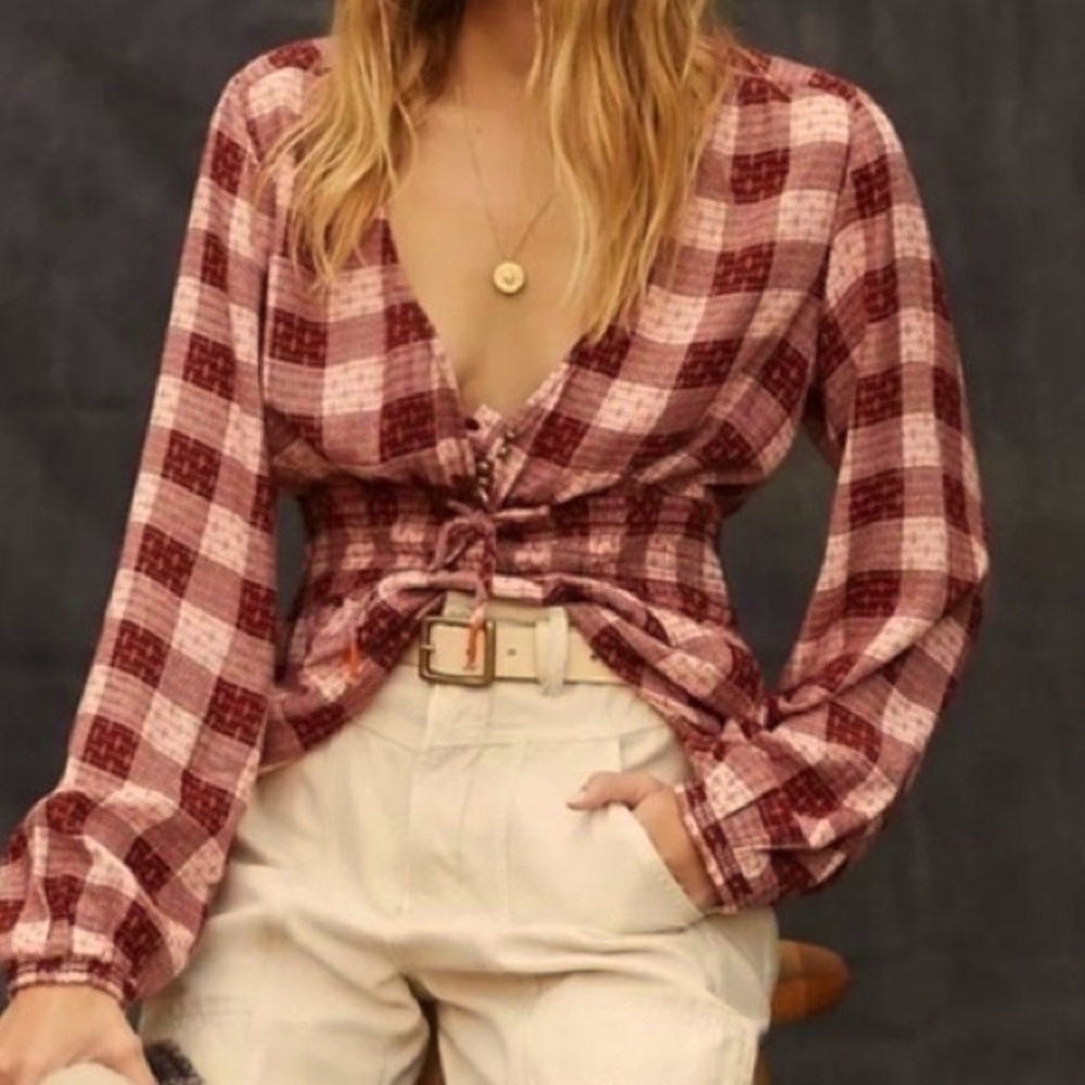 NWT Gingham check wool blend babydoll peplum top pilcro by Anthropologie xs
